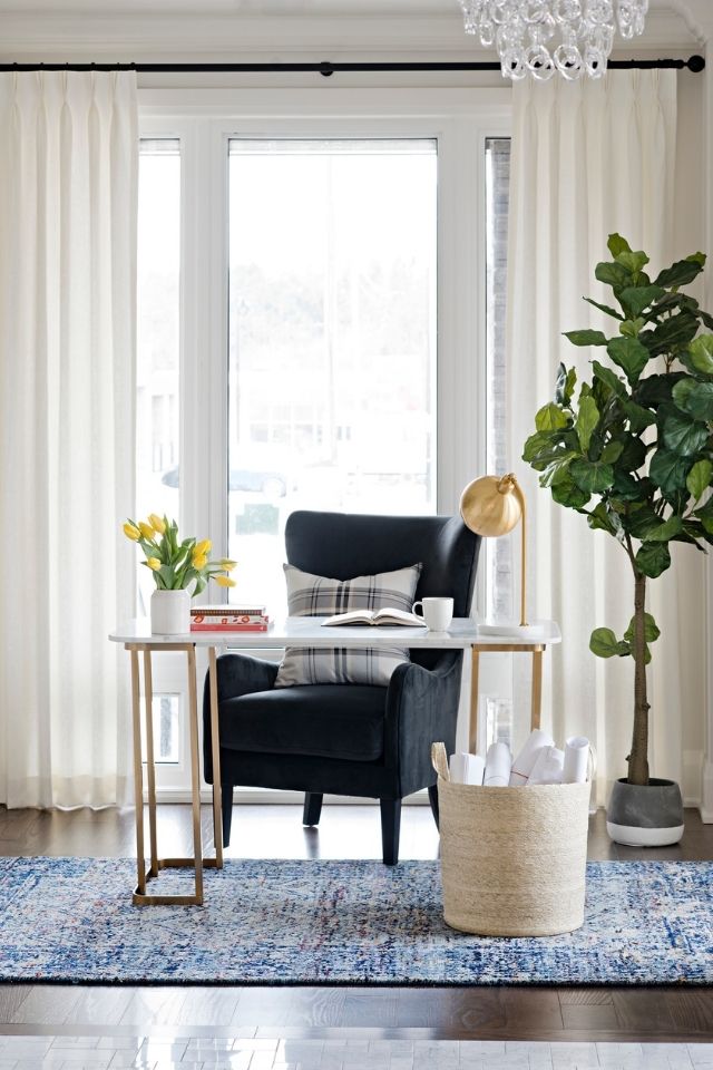 Home office space with fiddle leaf fig and natural light